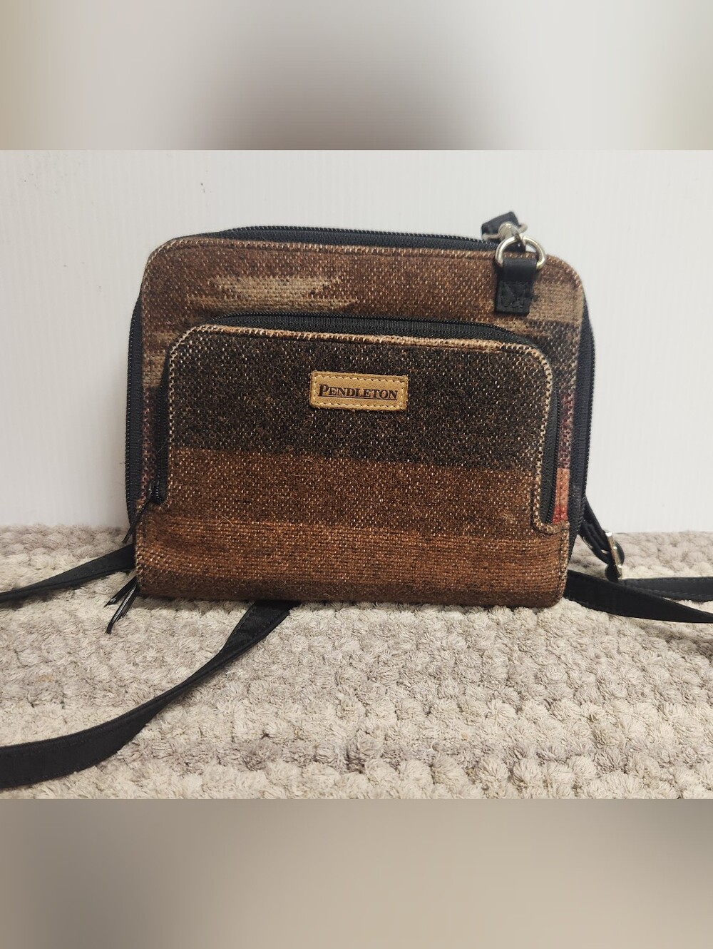 Pendleton Brown and Tan Striped Crossbody Bag